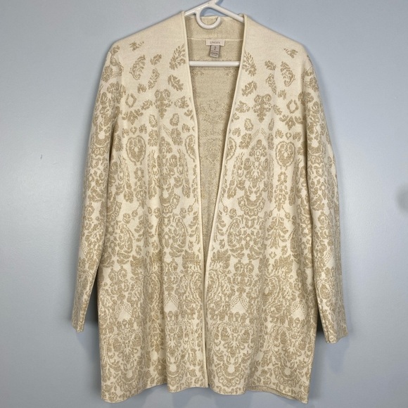 Chicos Women’s White Gold Metallic Open Front Duster Sz 2  Large Transition Chic - Picture 1 of 7